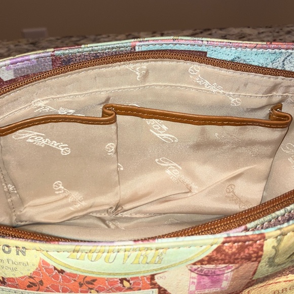 Fossil Vintage Travel Print Satchel Shoulder Bag Brown Leather Handles Cream - Picture 12 of 16